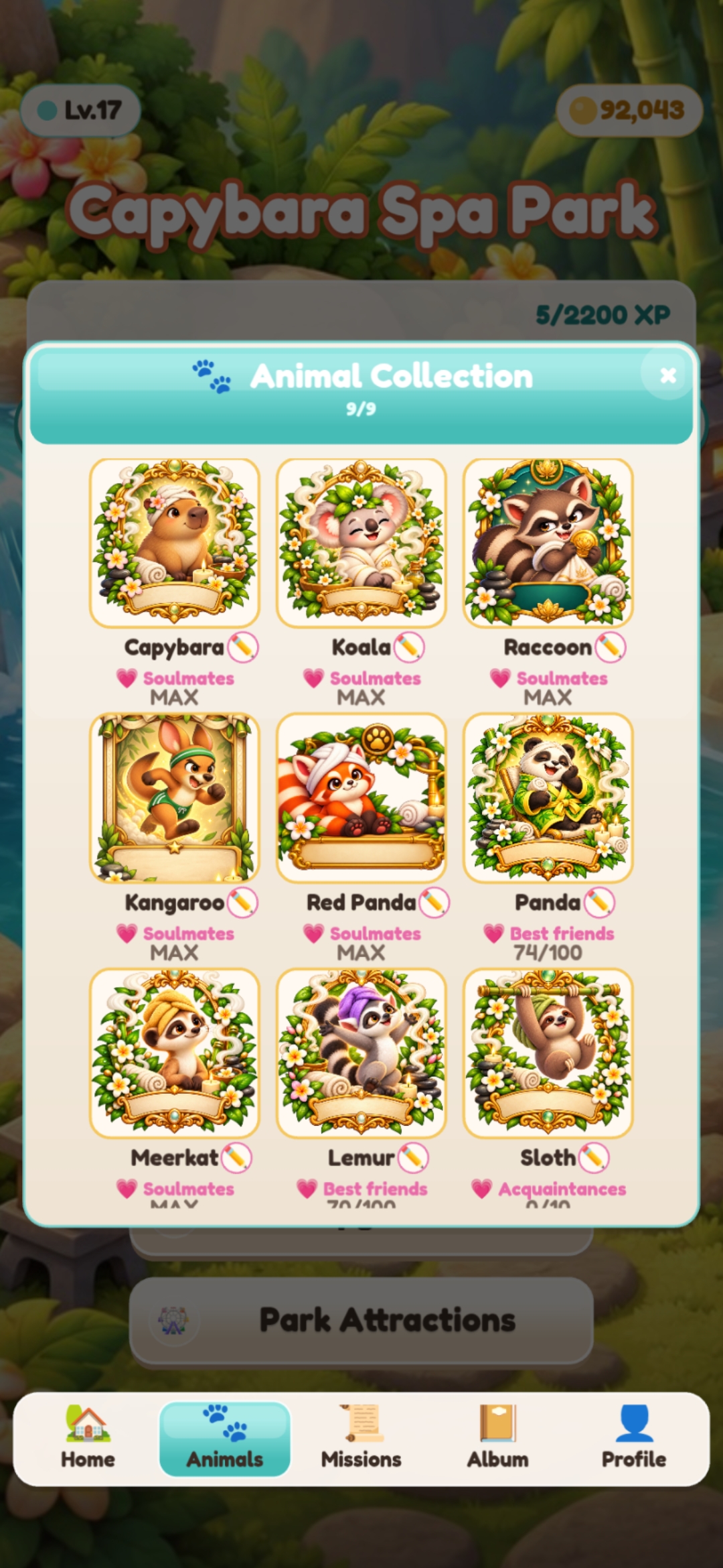 Animal collection screen showing nine spa guest species