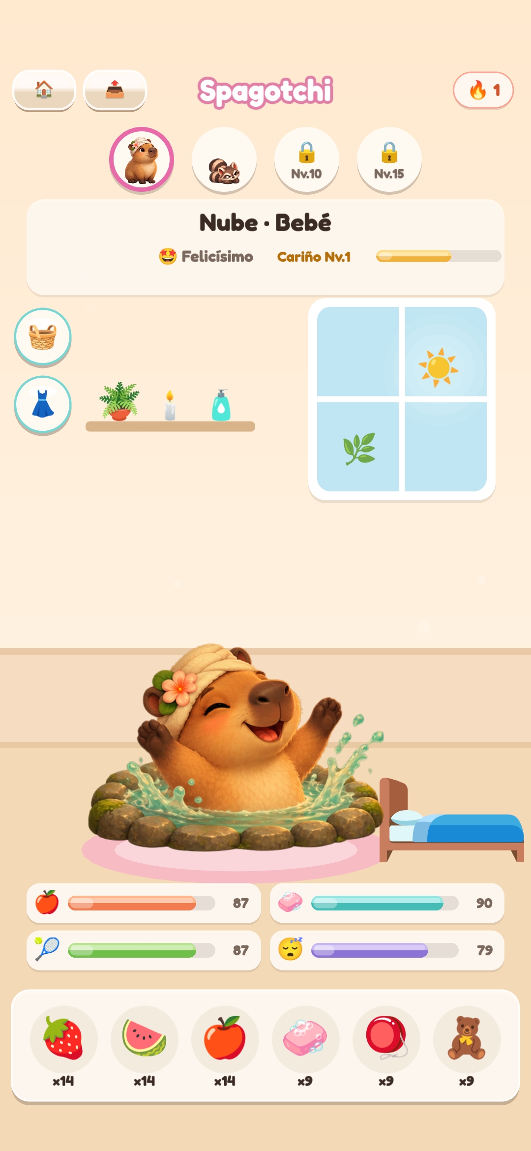 Spa Buddy care screen with a baby capybara relaxing in a hot tub