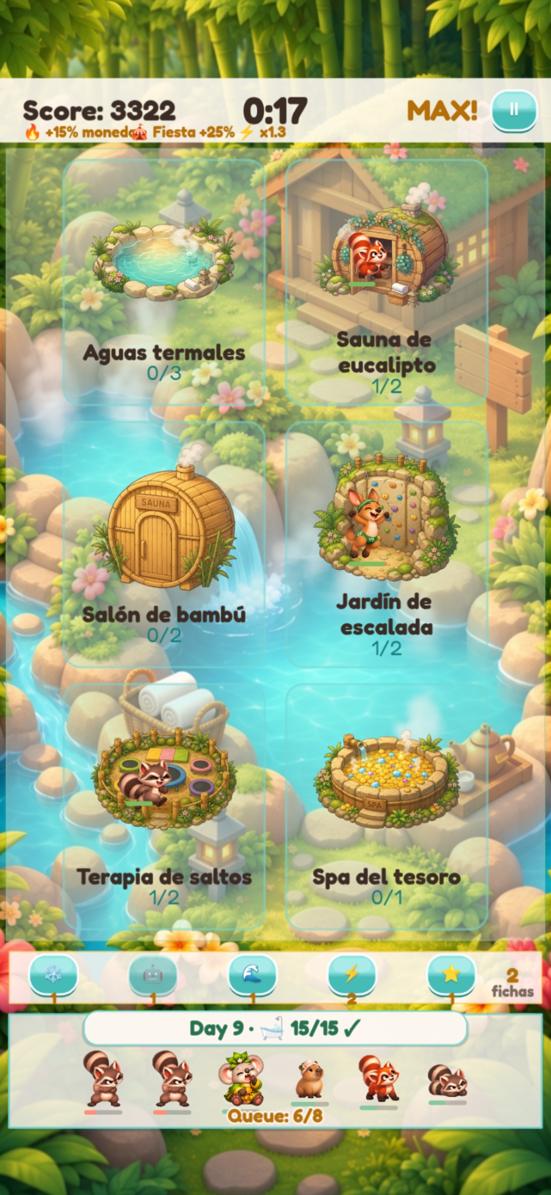 Busy spa day with multiple stations and combo bonuses