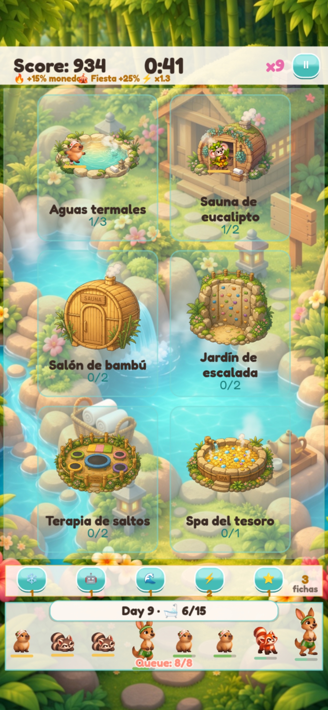 Gameplay screenshot showing spa stations and a queue of cute animal guests